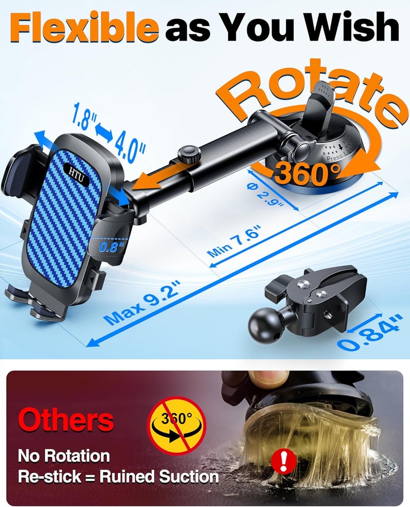 HTU 2026 Ultimate Best【True Military-Grade & Safety Cert】Car Phone Holder 【Upgraded 5-in-1 & 100+LBS Strongest Suction】360 Rotation Truck Windshield Dashboard Vent Mount Stand for iPhone Android, Blue - Image 4